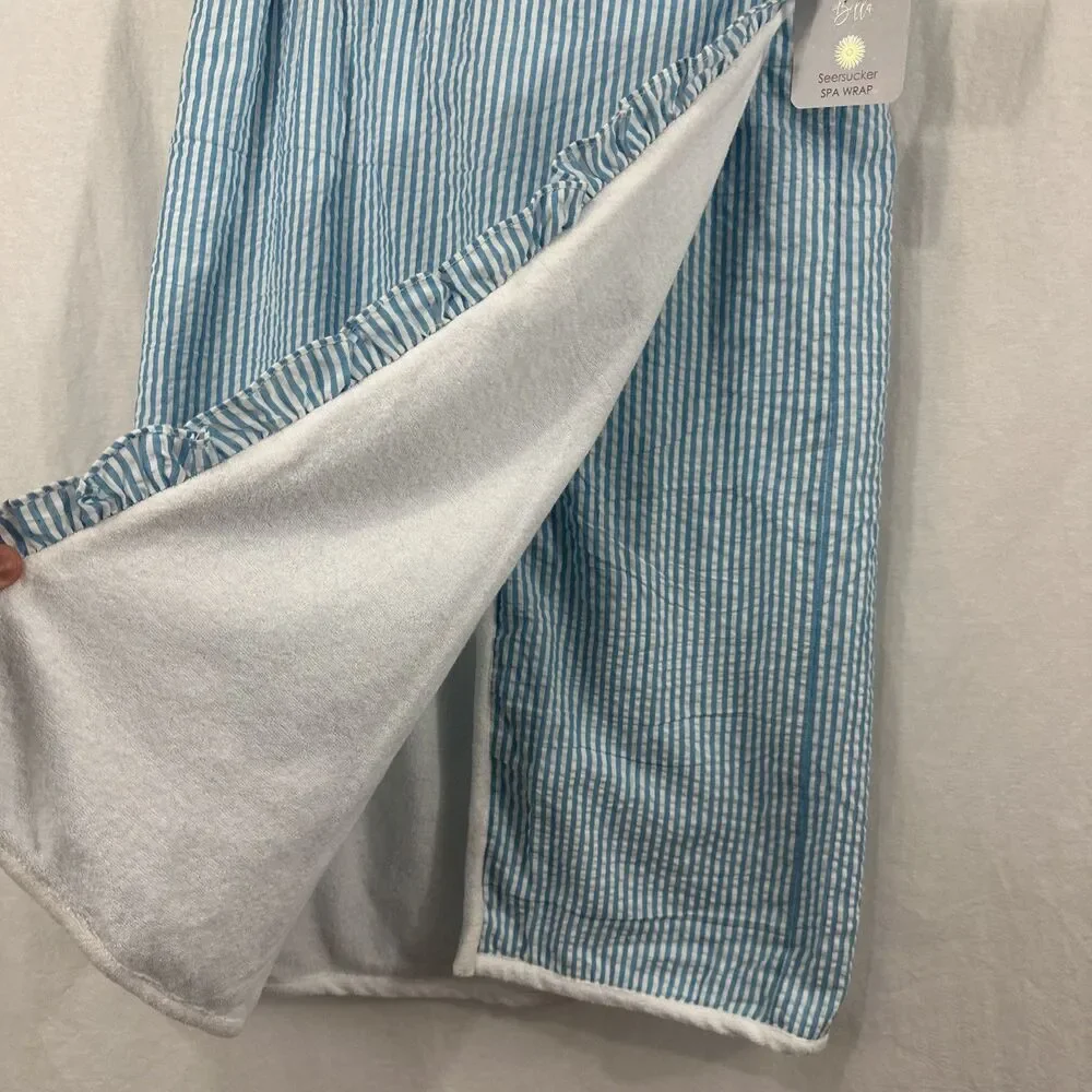 Bella 100% Cotton Blue White Striped Seersucker Spa Wrap Bath Womens O/S Towel